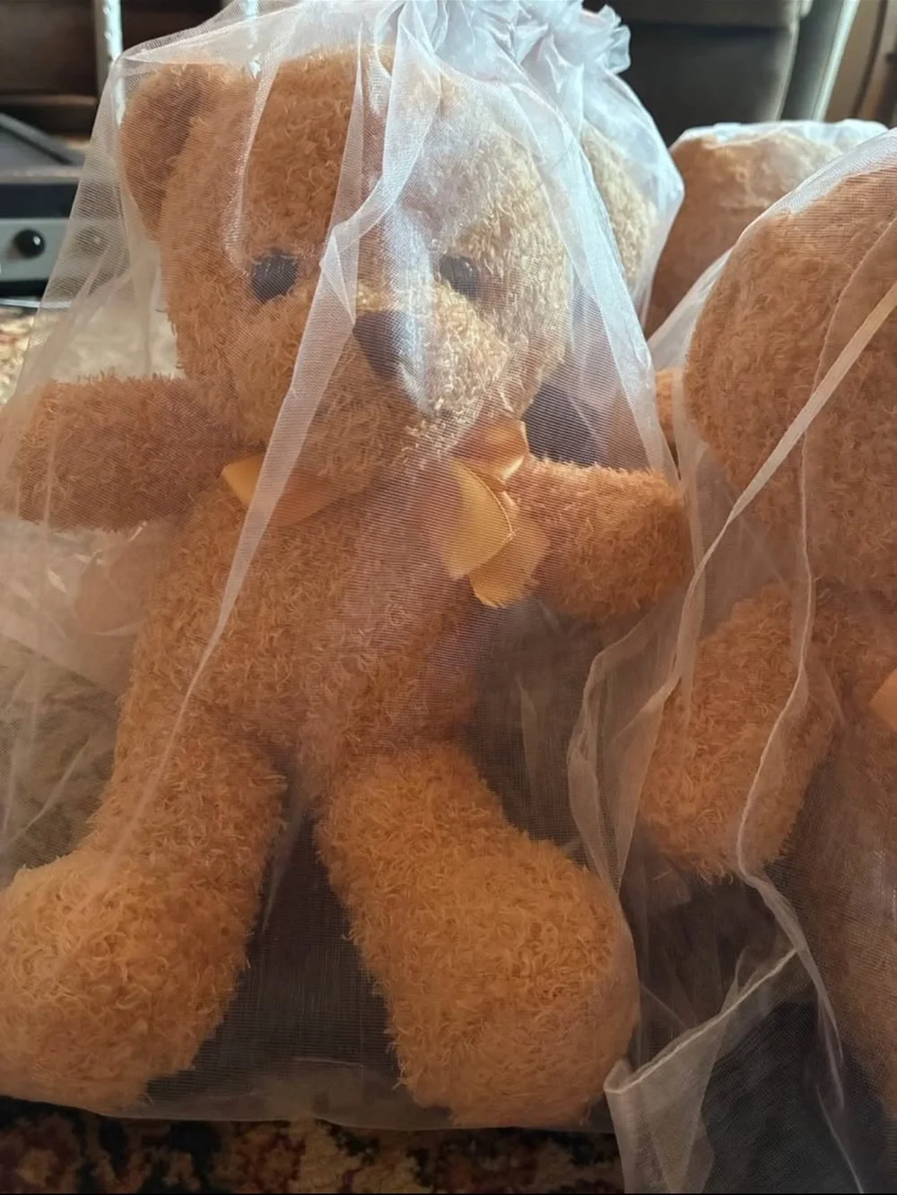 Set of Plush Light Brown Teddy Bears with Yellow Bows (6)